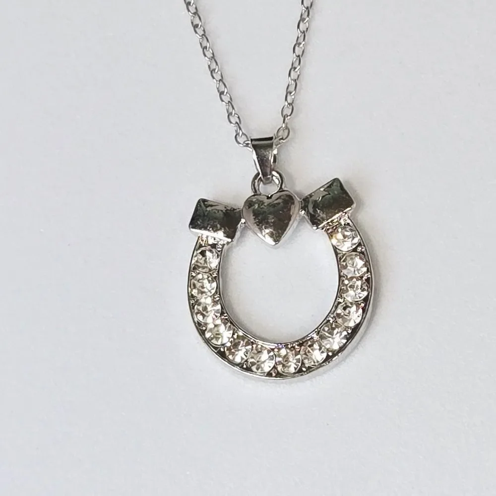 Silver Horseshoe Pendant Necklace Rhinestone Lucky Charm Equestrian Jewelry 20
